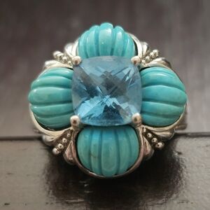Victoria Wieck Sterling Cocktail Statement Ring with Swiss Topaz & Turquoise 8.5